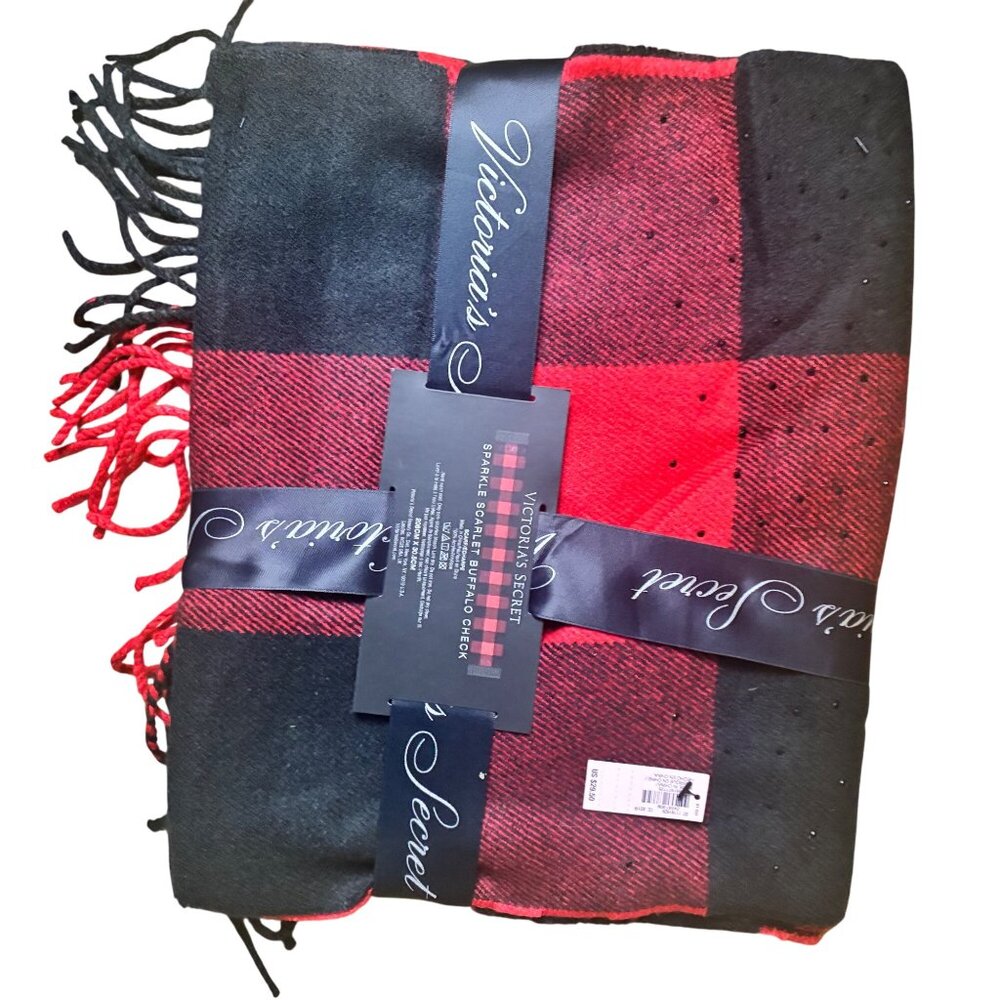 NWT2 Victorias Secret Cozy Blanket Scarves Heart & Plaid, Black & Red Check Logo - Picture 9 of 11